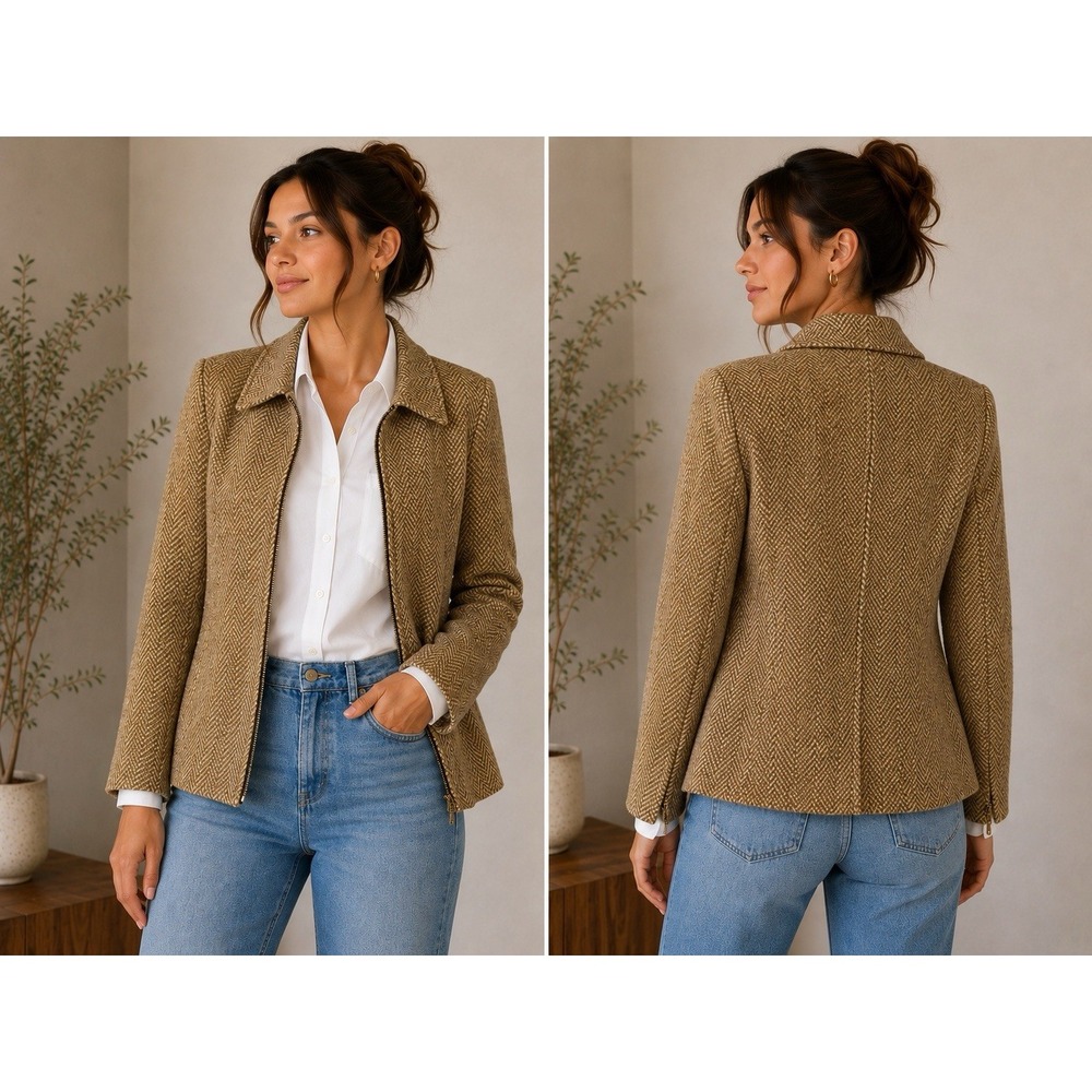 Liz Claiborne Collection Women's Blazer Jacket Size 6 Brown Herringbone Zip Up C
